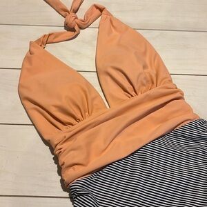 Gorgeous swimsuit light coral color with pinstripe lower half
